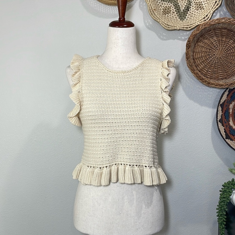 Mable Ruffled Frills Sleeveless Sweater Tank Boho Cream Colored Size Small